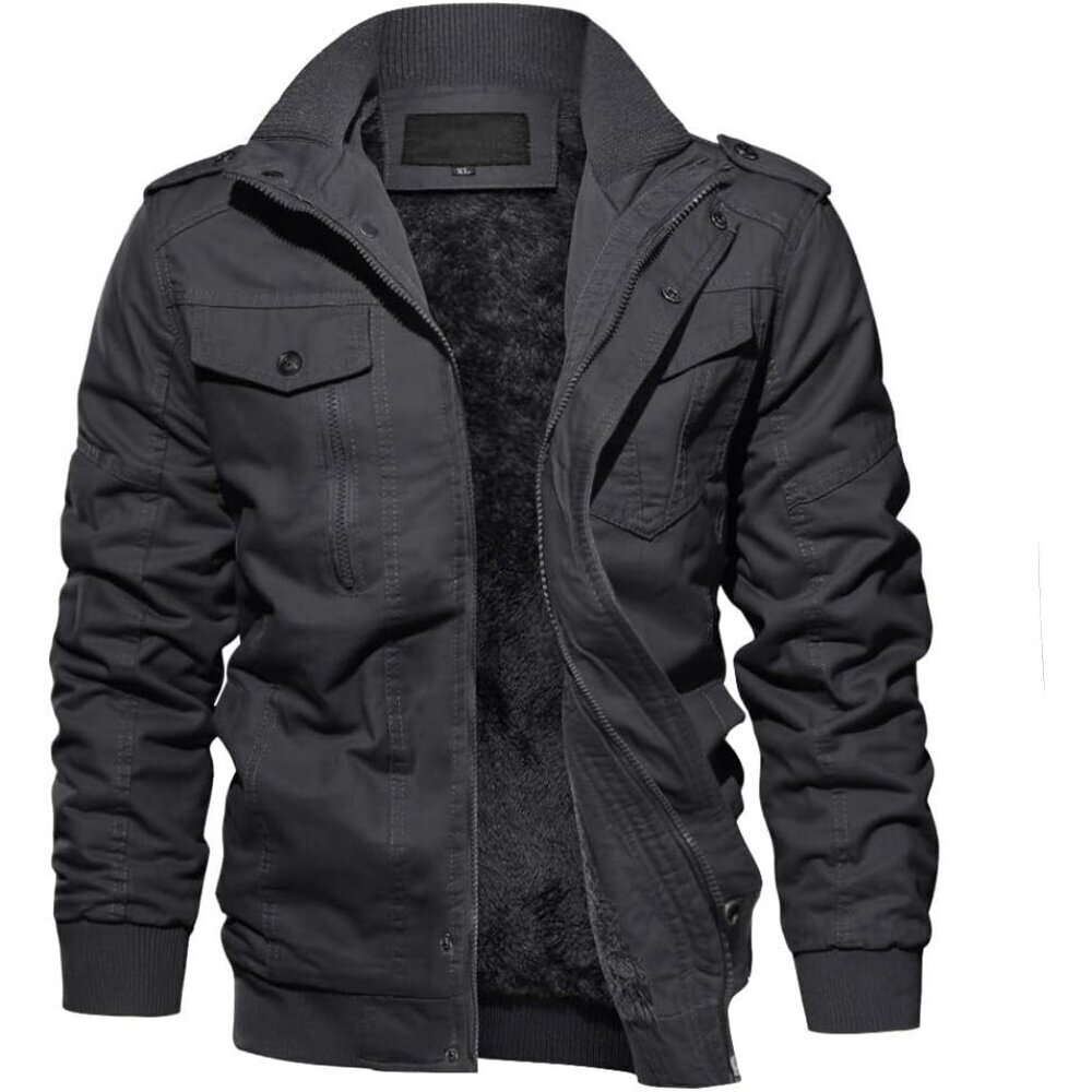🆕Men's Gray  Winter Cargo Fleece Sherpa Lined Casual Windproof Bomber Jacket